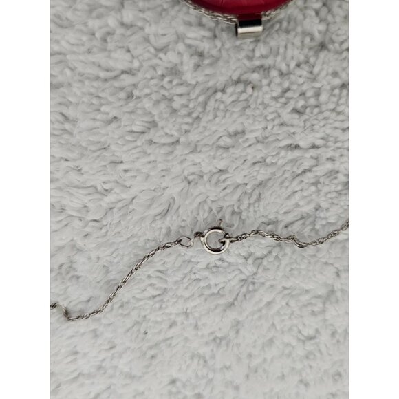 Vintage Red & Silver Abstract Pendant Necklace 16" Silver Tone Chain Retro - Picture 3 of 6